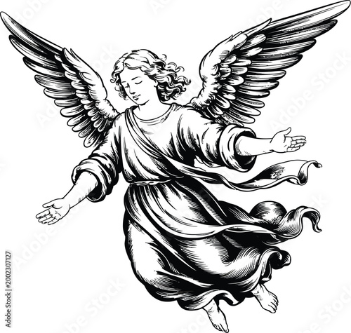 Angel soaring through heavenly clouds with radiant wings, detailed biblical theme, vintage engraving aesthetic, Renaissance style illustration