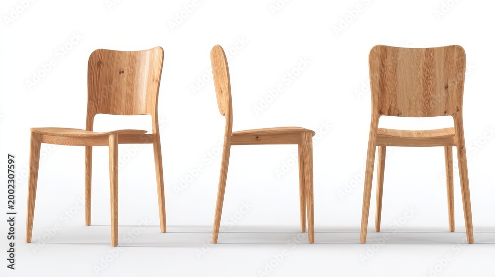 Fototapeta premium Studio-shot wooden side chair displaying front, side, back and top views on white