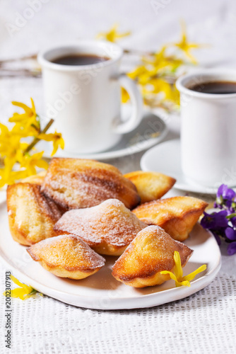 Madeleine Cakes with Coffee and Forsythia Flowers, Spring Dessert Table