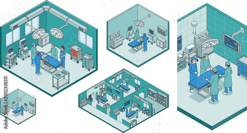 Isometric Operating Room and Surgical Team Illustration Set Featuring Hospital Surgery Medical Equipment and Healthcare Facility Concepts
