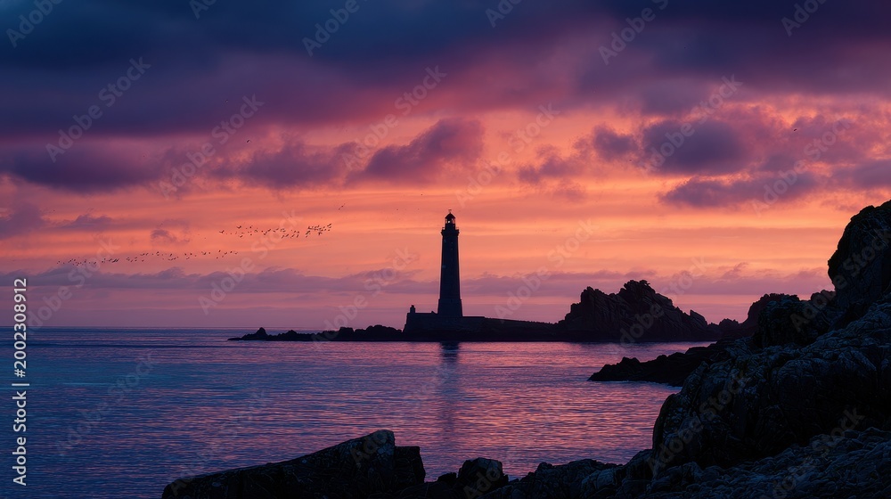 Fototapeta premium Quiet shoreline silhouette of a lighthouse at golden hour