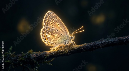 Magical glowing Common Blue butterfly resting on a wet mossy twig in dark nature