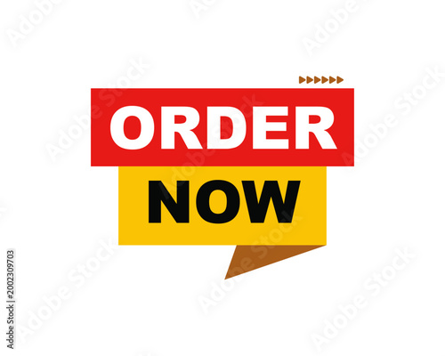 Order Now call to action button, vibrant red and yellow promotional banner vector, commercial marketing label for e-commerce and retail sales