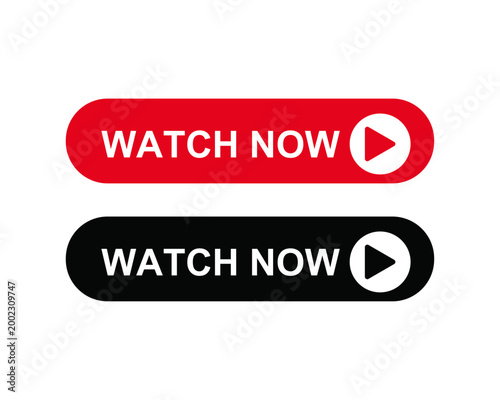 Watch now button vector set, red and black call to action buttons with play icon, streaming media web interface elements for video players