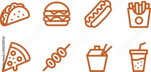Fast food items including tacos, burgers, hot dogs, fries, pizza, skewers, noodles, and drinks, detailed vector illustration collection