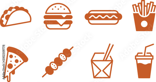 Fast food collection featuring tacos, burgers, hot dogs, crispy fries, cheesy pizza slices, grilled skewers, noodles, and refreshing drinks, colorful vector illustration set for menu design