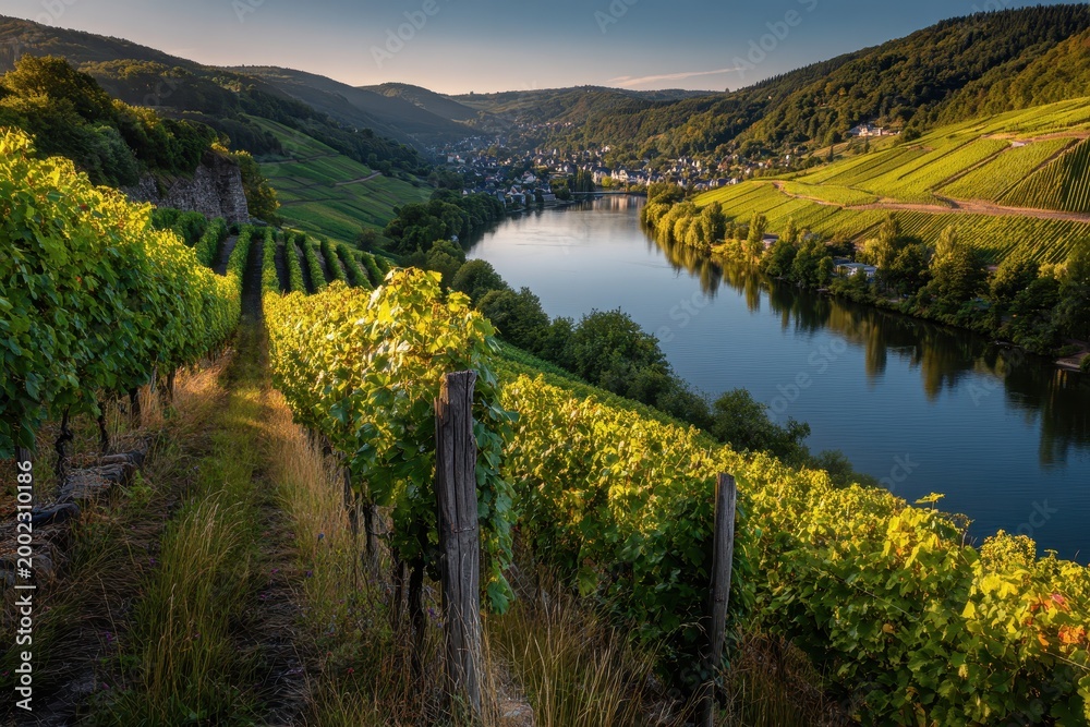 Obraz premium Pastoral Riverbank Vineyard Scene in Luxembourg's Moselle Valley