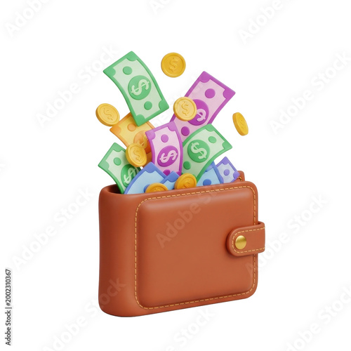 Brown leather wallet overflowing with colorful cash and coins