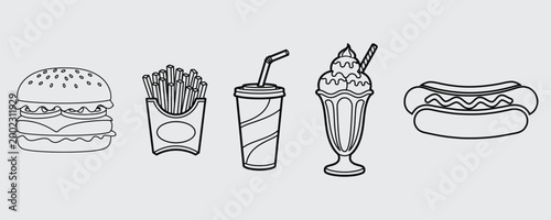 Fast food collection hand drawn sketch of classic american meal items