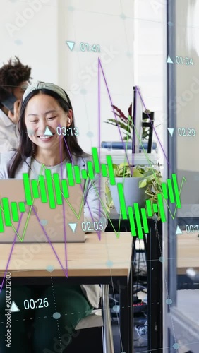 Vertical video: Woman on headset typing, activating shifting charts on business laptop dashboard