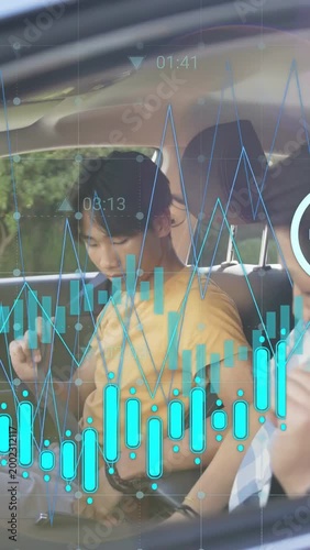 Vertical video: Friend gesturing, teen driver buckling belt, blue icons signaling driving safety