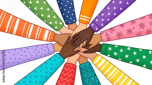 Diverse group of people hands together in unity and cooperation