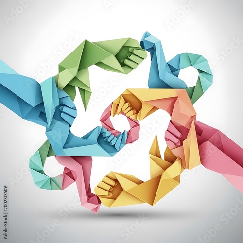 Colorful origami hands joining in a circle of friendship and unity together