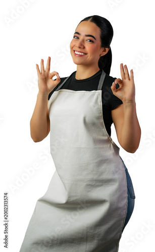 Woman in a chef apron cheerfully making the ok sign with both hands