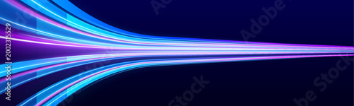 Photos Glowing light lines stretch across a futuristic background, forming smooth horizontal paths of speed and motion
