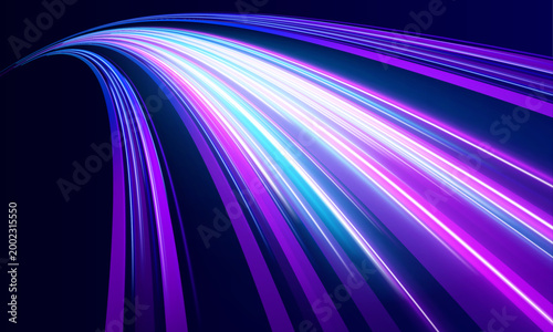 Bright motion streaks sweep across a futuristic grid floor, creating a strong perspective of movement and space. Smooth gradients enhance flow. A sleek high-tech illustration.