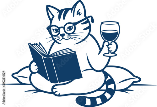 Cat reading book with wine glass doodle vector illustration, cozy whimsical scene, playful hand drawn style, relaxed feline character enjoying literature and drink