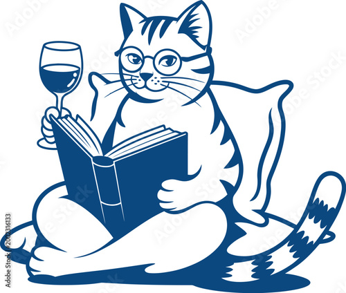 Cat reading book with wine glass doodle vector illustration, charming cute cat in casual pose, vintage cozy aesthetic