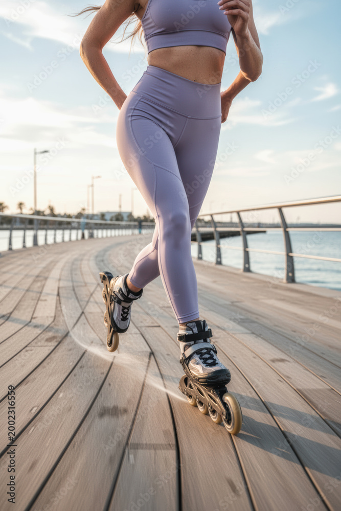 Fototapeta premium Female athlete rollerblading on a seaside wooden boardwalk during golden hour
