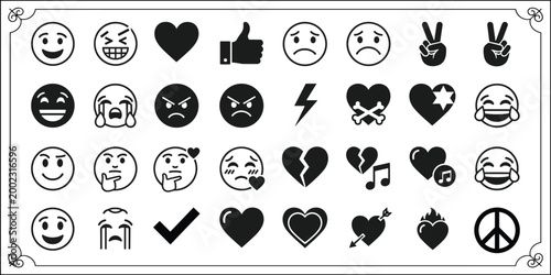 Large collection of black outline emoji faces and symbols expressing diverse emotions and gestures