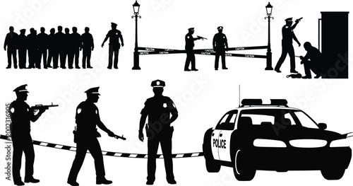 Police and crowd silhouette a dramatic scene of law enforcement and public gathering