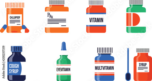 Medical supplement and medicine bottle vector icon set featuring prescription pills vitamins multivitamin health syrup and eye drops for pharmacy healthcare and wellness designs.