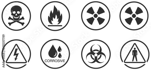 Safety Sign Collection: A set of hazard symbols for safety and awareness. hazard warning, toxic substance, corrosive material, radioactivity symbol, electrical hazard.