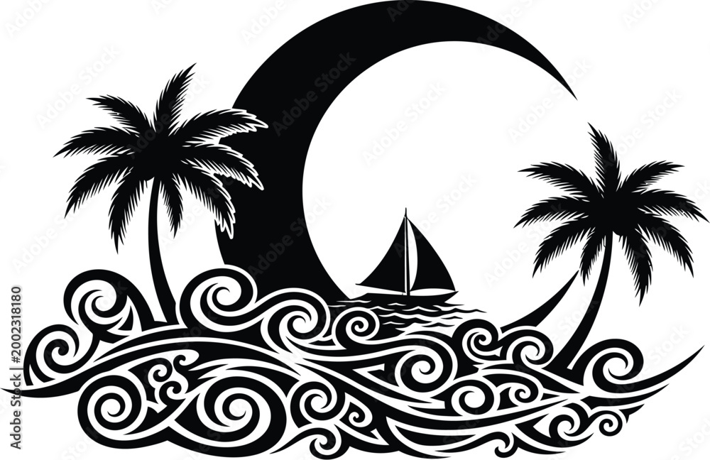Fototapeta premium Tropical scene with palm trees sailboat and waves silhouette