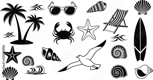 Summer Vacation Icons and Symbols Collection Black and White