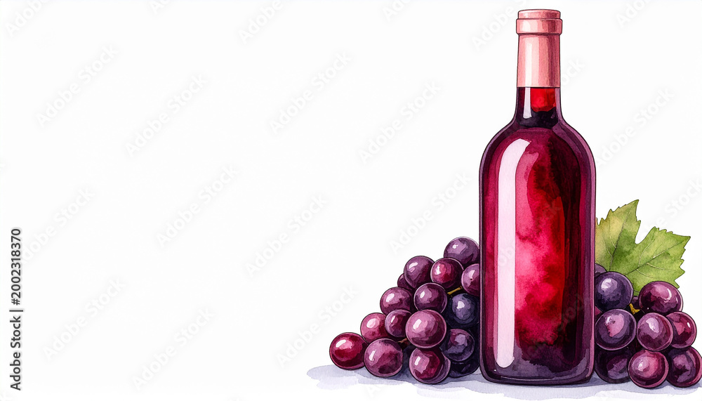 Naklejka premium Watercolor illustration of glass bottle with red wine, fresh grapes, hand-drawn aquarelle, isolated on white background, elegant natural beverage