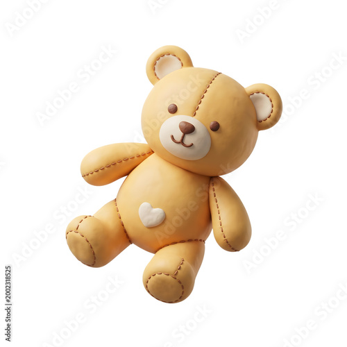 3D Illustration of Adorable Brown Teddy Bear with Heart Stitch Isolated on Transparent Background PNG