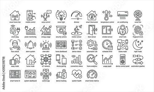 Collection of black and white line representing smart home technology and automation