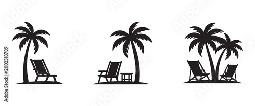 Set of tropical beach chair silhouettes with palm trees for summer vacation themes, travel designs, resort branding and relaxation concepts. Summer vacation vector icons isolated on white background.
