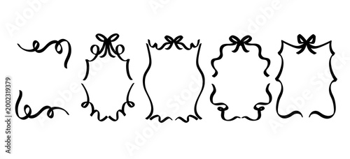 Doodle whimsical coquette frames and borders with bows . Hand drawn rectangle decorative borders for wedding invitation. Bachelorette party whimsical red frames with crayon texture.