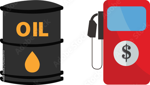 Oil Barrel and Fuel Pump Vector Illustration, Petroleum Industry Icon Set, Gas Station Equipment, Energy and Oil Price Concept
