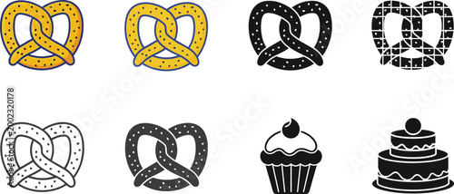 Bakery and Pastry Icon Set Featuring Soft Pretzels, Cupcakes, and Two-Tiered Cakes in Various Styles for Confectionery Branding, Menu Design, and Sweet Snack Product Advertisements