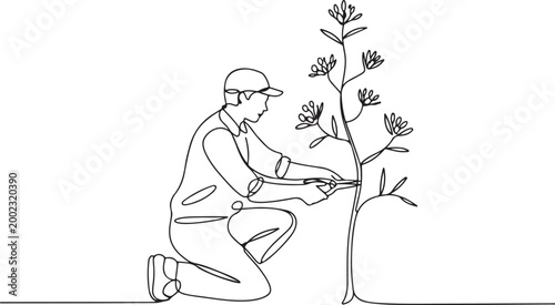 Gardener Pruning Tree with Shears Continuous Line Drawing, Minimalist Outdoor Gardening Illustration for Agriculture, Nature Care, and Landscaping Designs