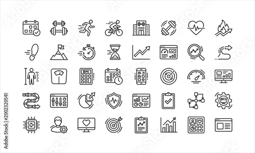 Collection of thin line representing health, fitness, and business analytics calendar