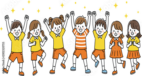 Bilde på lerret Happy Group of Cheerful Children Jumping and Celebrating Success with Raised Han