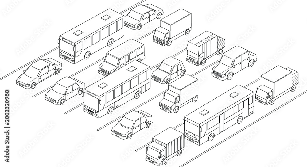 Fototapeta premium Isometric Illustration of Various Vehicles Including Buses, Trucks, and Cars for Traffic and Urban Planning Designs
