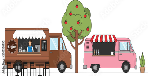 Modern Food Truck Vector Illustration with Coffee Van, Pink Snack Trailer, Apple Tree, and Outdoor Seating for Street Food Festival and Urban Catering Designs
