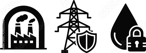 Black icons of industrial factory, power transmission tower with shield, and padlock with droplet