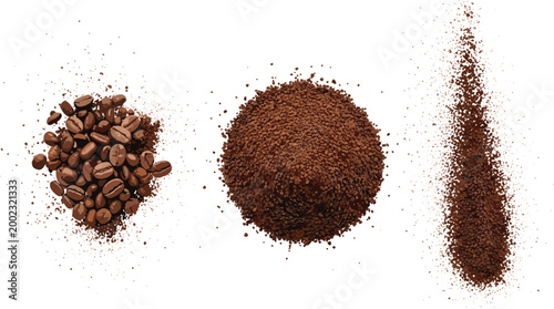 Roasted Coffee Beans and Ground Powder Set with Scattered Grains and Pile of Espresso Grinds for Cafe, Breakfast, and Beverage Packaging Designs