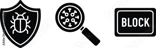 Black and white bug shield block icons
