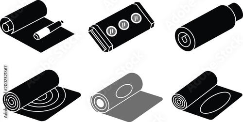 Set of Black and White Rolled Items Icons Including Mats, Towels, and Cylinders for Web Design and User Interface