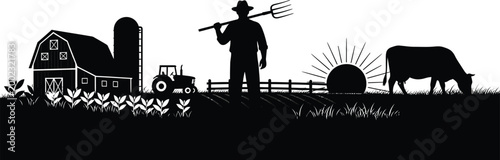 Rural farm scene silhouette farmer barn cow and tractor in black and white