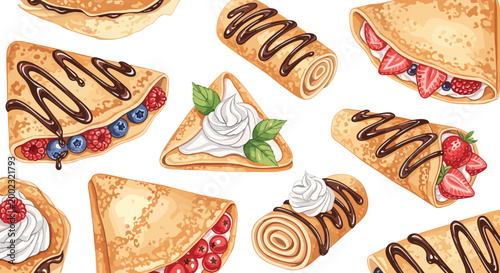 Sweet Crepe and Pancake Vector Set with Fresh Strawberries, Blueberries, Raspberries, Whipped Cream, and Chocolate Syrup Drizzle for Bakery and Cafe Menu Designs