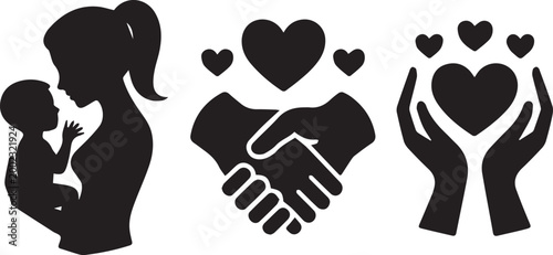 Charity and Care Icon Set with Mother Holding Baby, Handshake with Hearts, and Hands Supporting Love Symbol