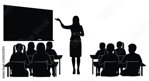 Teacher standing confidently in front of a classroom with students seated at desks