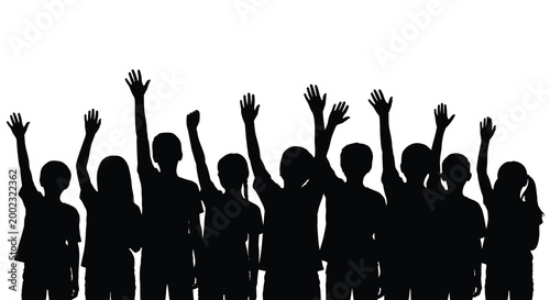 Silhouette illustration of a group of people raising their hands in unison